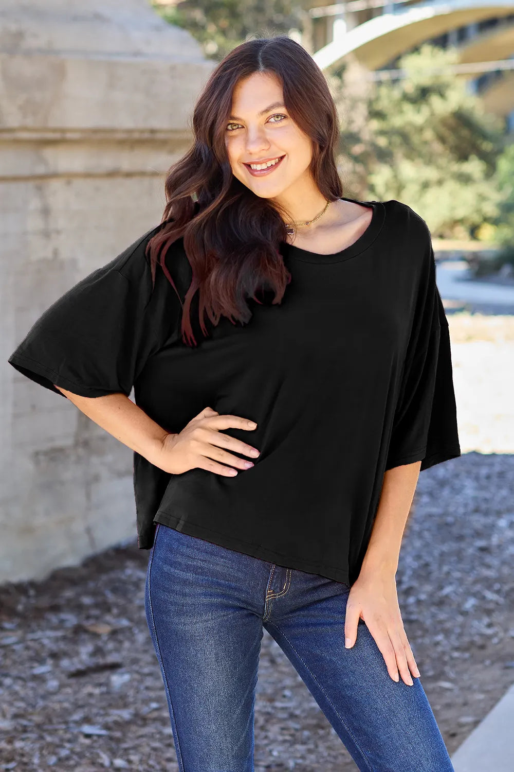 Basic Bae Bamboo Full Size Round Neck Drop Shoulder T-Shirt - Blushé Belle