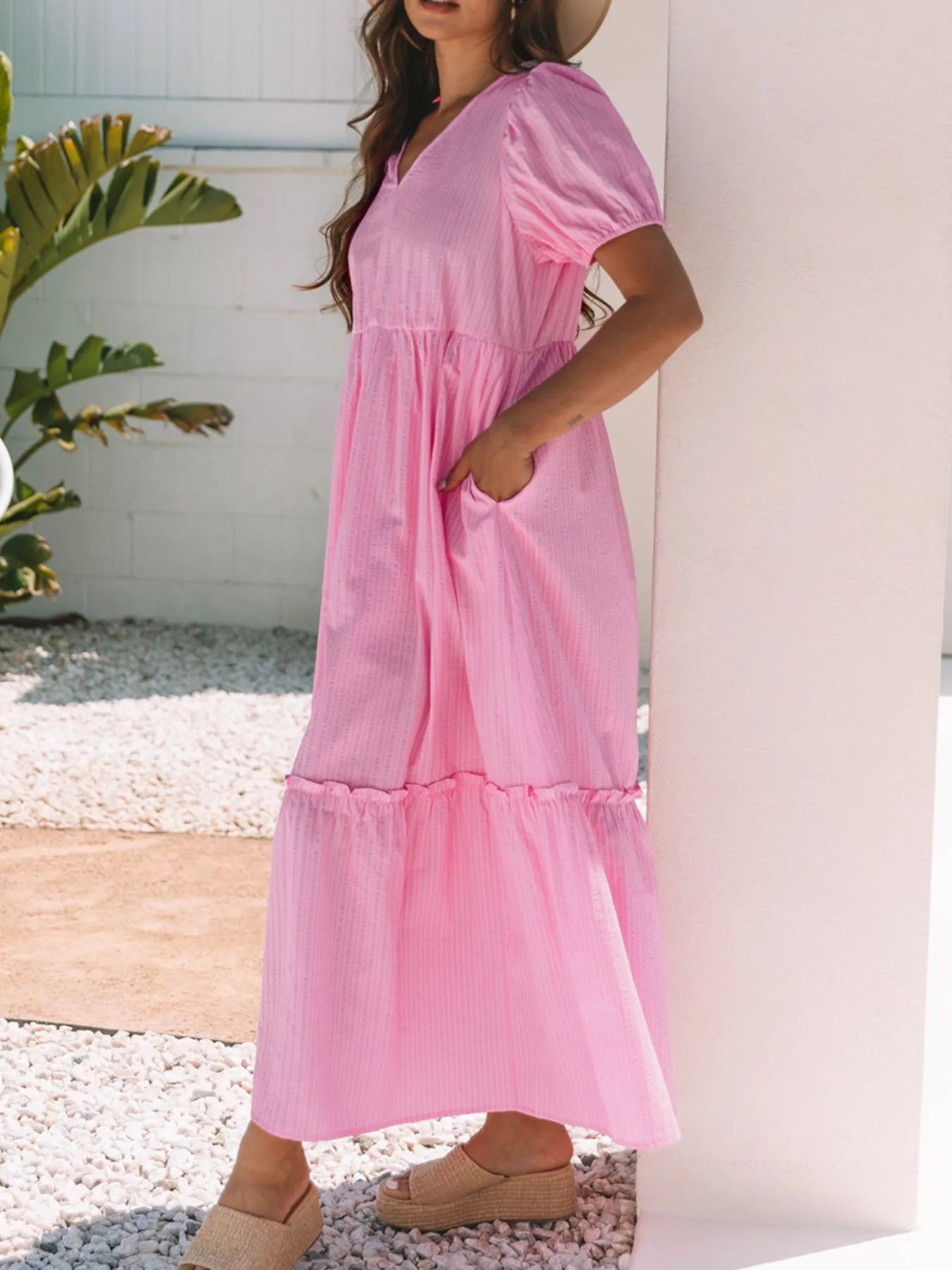 Striped Puff Sleeve V-Neck Maxi Dress - Blushé Belle