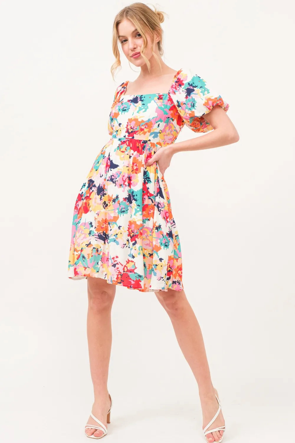And The Why Square Neck Puff Sleeve Floral Dress - Blushé Belle