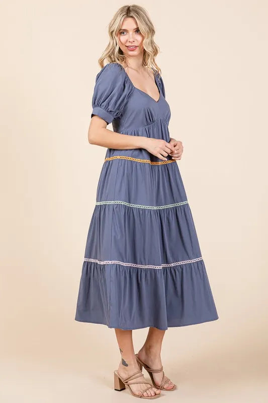 Lime 'N' Chili Trim Detail Puff Sleeve Tiered Maxi Dress - Blushé Belle