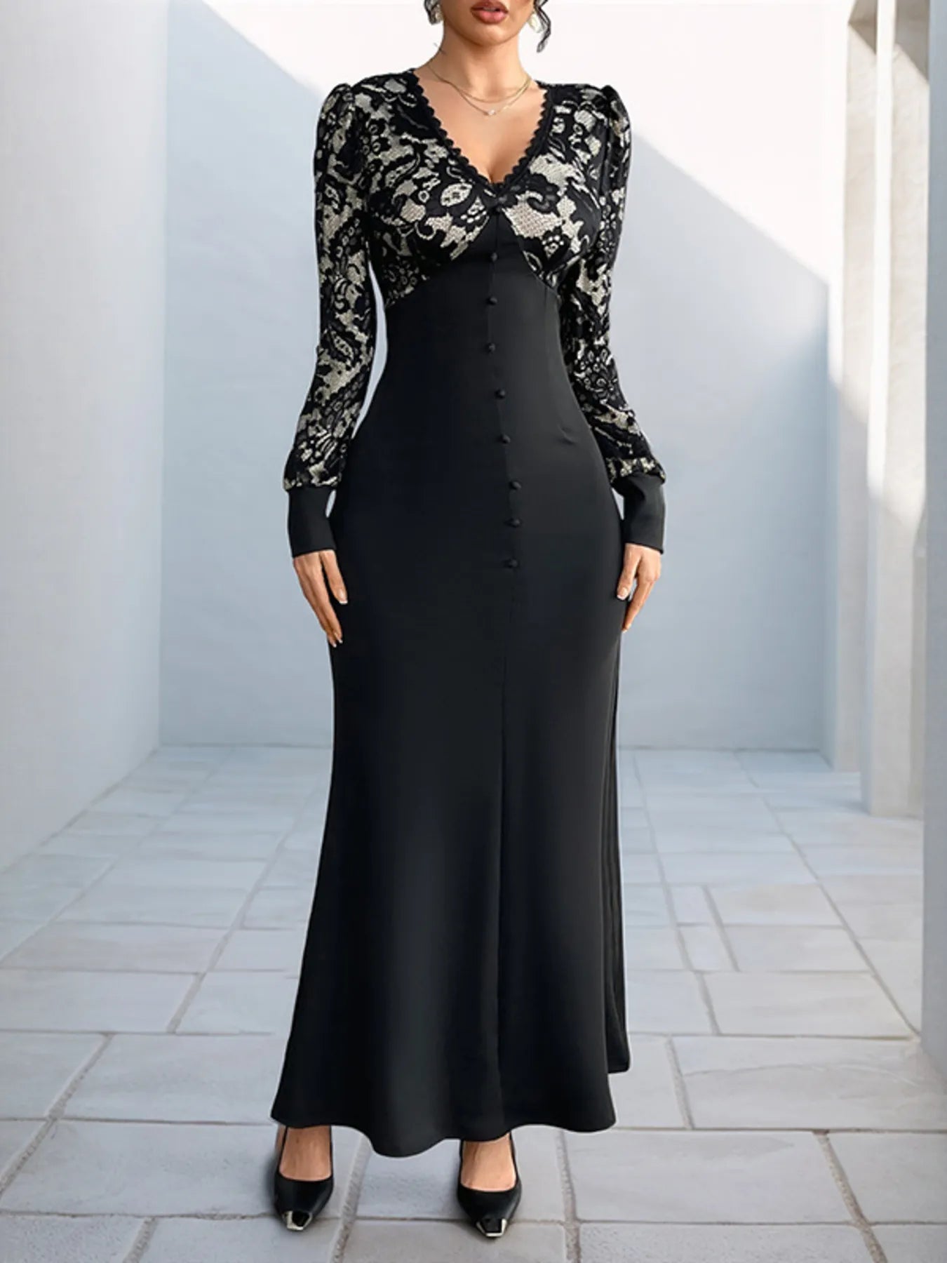 Lace V-Neck Long Sleeve Maxi Dress - Blushé Belle