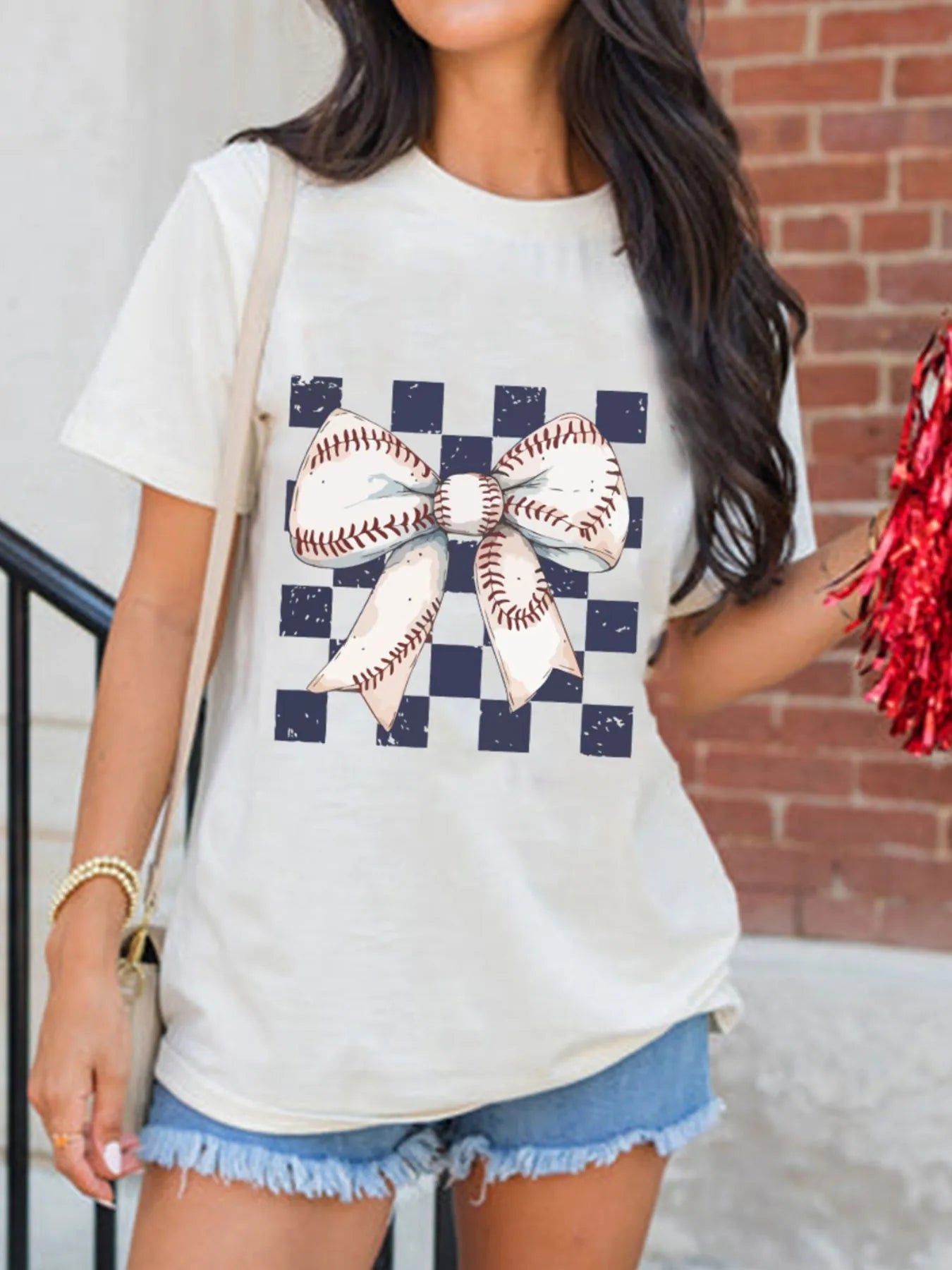 Checkered Bowknot Graphic Crew Neck T Shirt - Blushé Belle