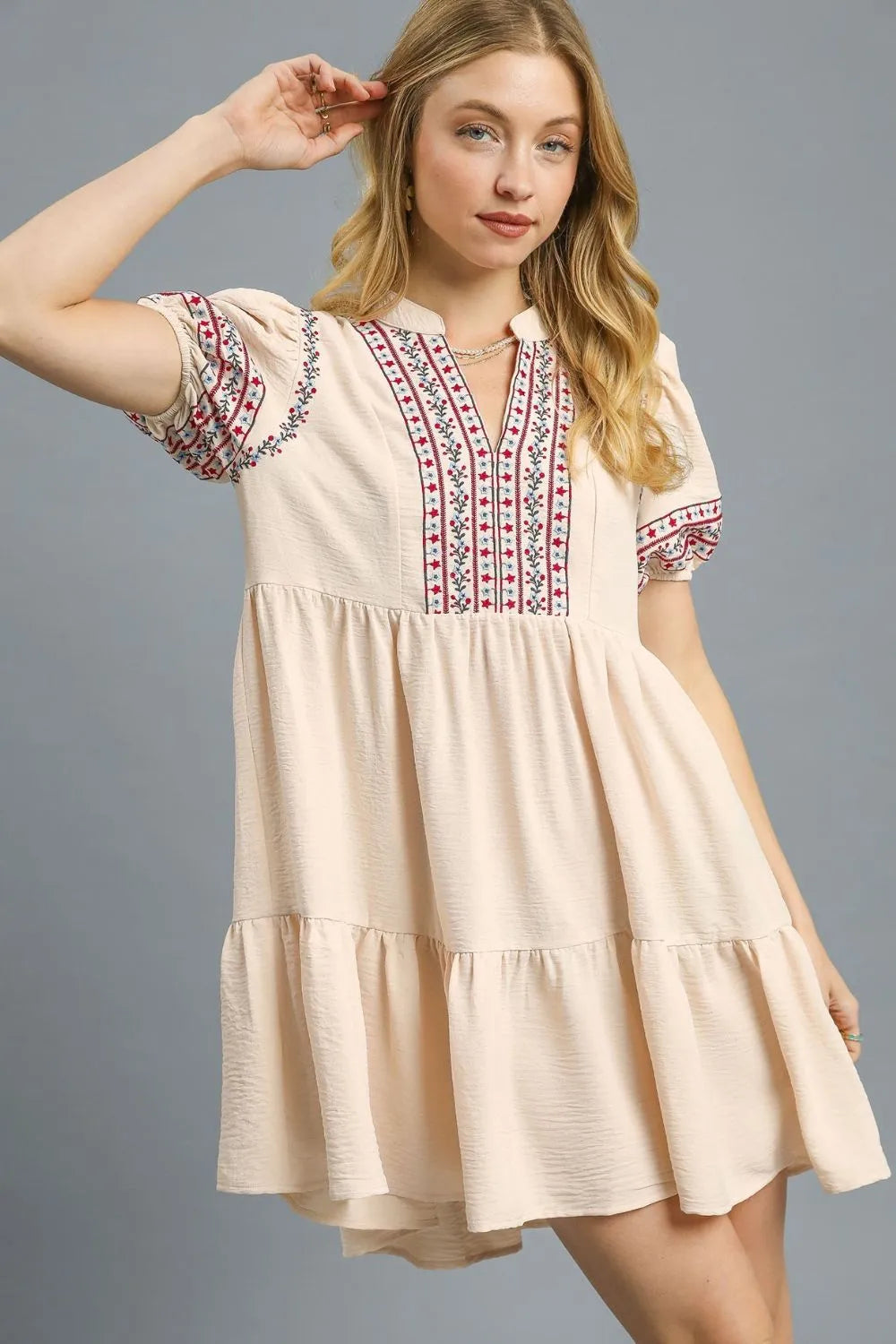 Umgee Floral Trim Puff Sleeve Mini Dress - Blushé Belle