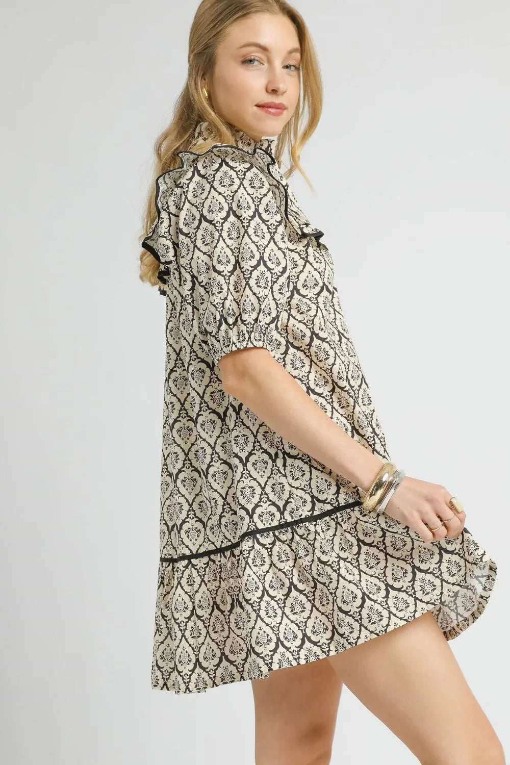 Umgee Ruffled Printed Puff Sleeve Mini Dress - Blushé Belle