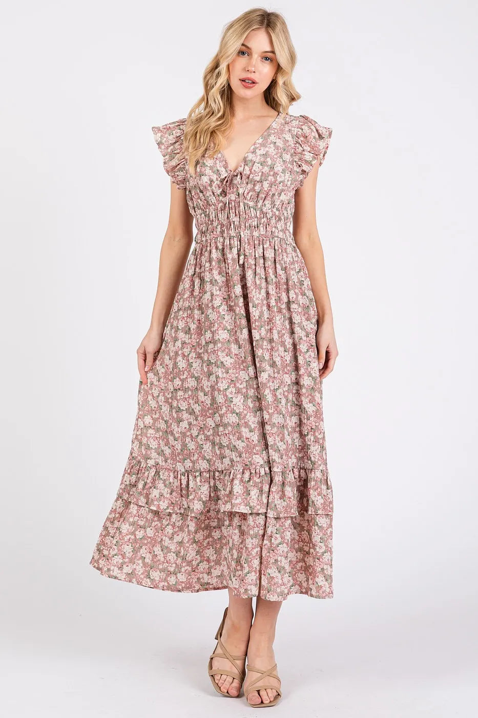 Mittoshop Flower Print Ruffle Cap Sleeve V-neck Midi Dress - Blushé Belle