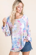 BiBi Tie Dye Print Terry Top With Puff Sleeves - Blushé Belle