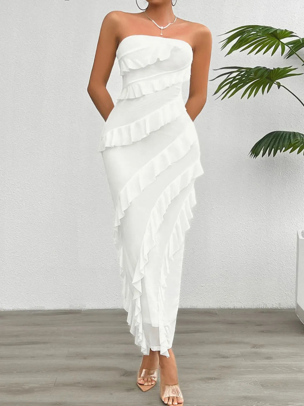 Devine Ruffled Slit Back Tube Maxi Dress - Blushé Belle