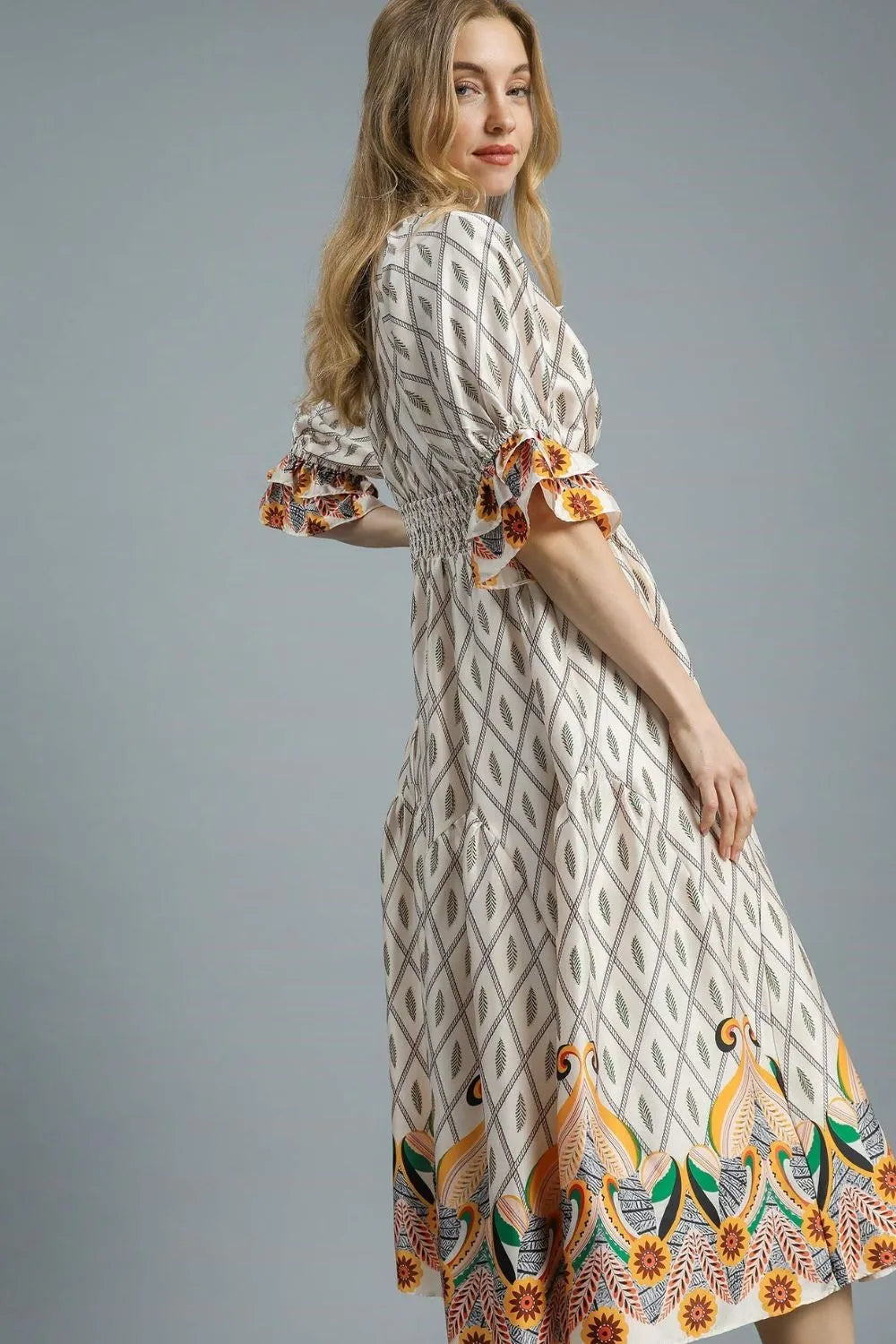 Umgee Printed Smocked Waist Flounce Sleeve Midi Dress - Blushé Belle