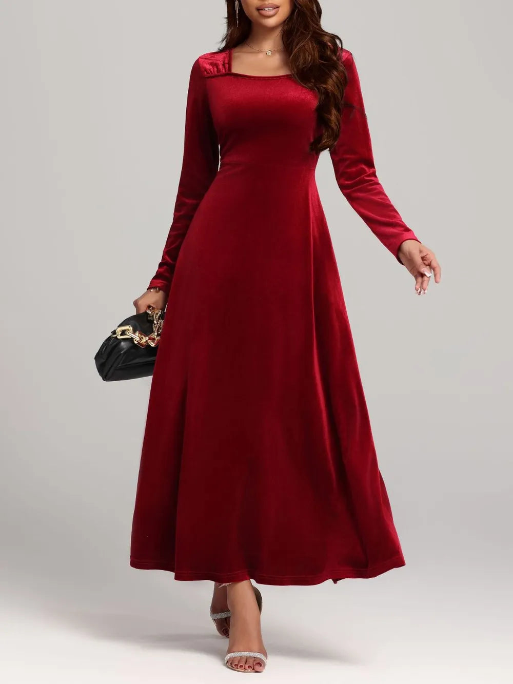 Square Neck Long Sleeve Velvet Dress - Blushé Belle