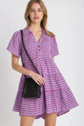 Umgee Full Size Gingham Tiered Button Detail Short Sleeve Dress Plus Size - Blushé Belle