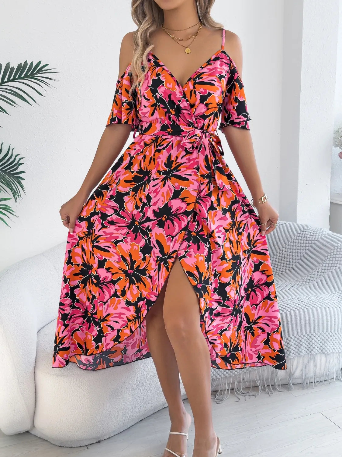 Printed Cold Shoulder Midi Cami Dress - Blushé Belle