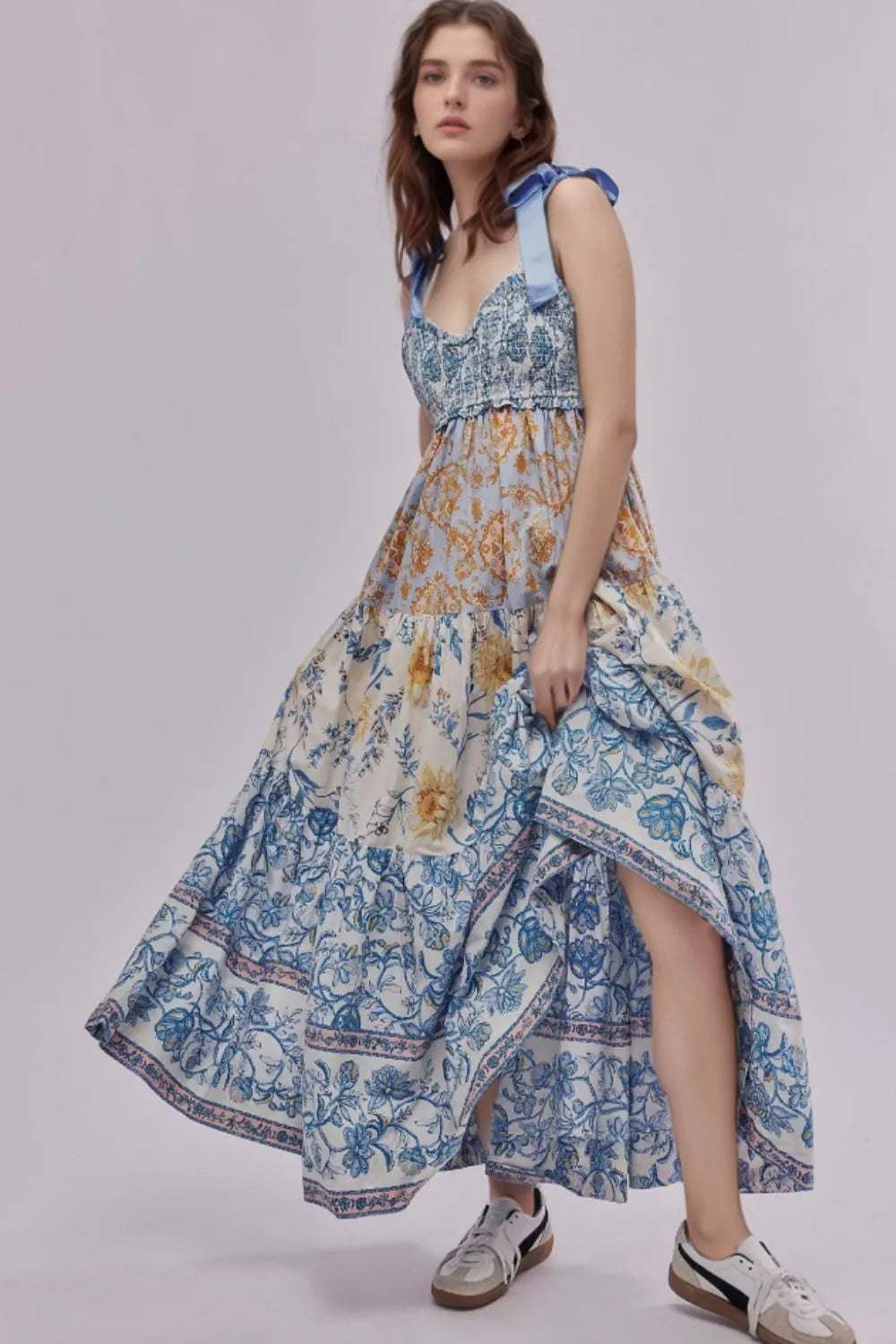 Floral Tiered Maxi Dress with Mixed Print Design - Blushé Belle