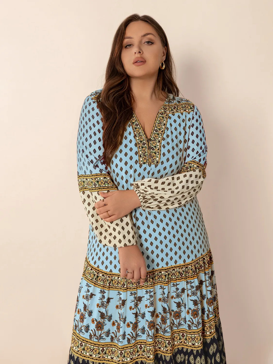 Plus Size Printed V-Neck Balloon Sleeve Maxi Dress - Blushé Belle