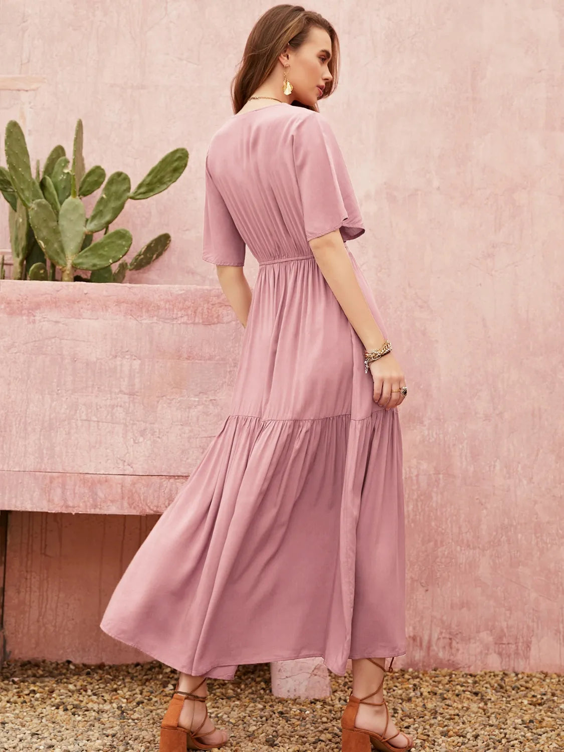 Lace Detail V-Neck Short Sleeve Dress - Blushé Belle