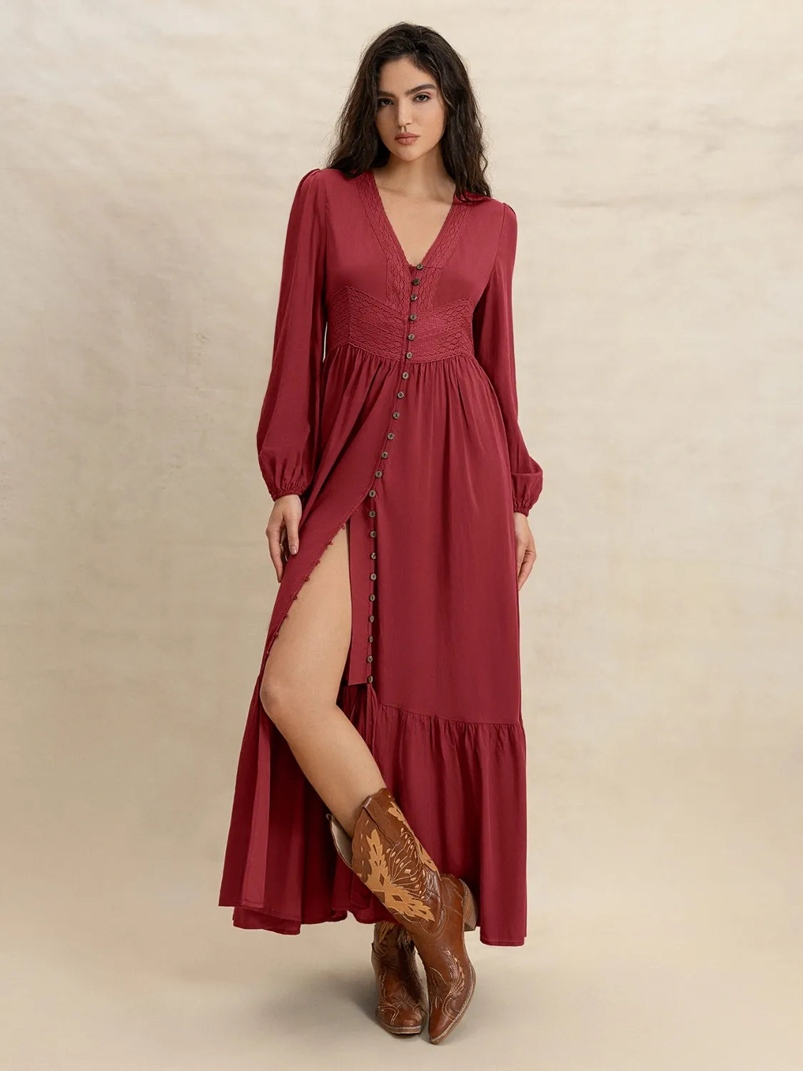 V-Neck Balloon Sleeve Ruffled Hem Maxi Dress - Blushé Belle