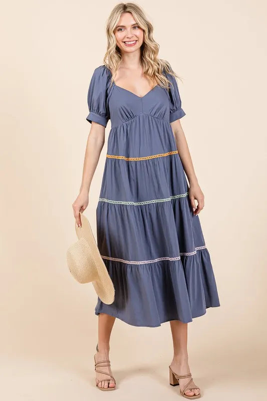 Lime 'N' Chili Trim Detail Puff Sleeve Tiered Maxi Dress - Blushé Belle