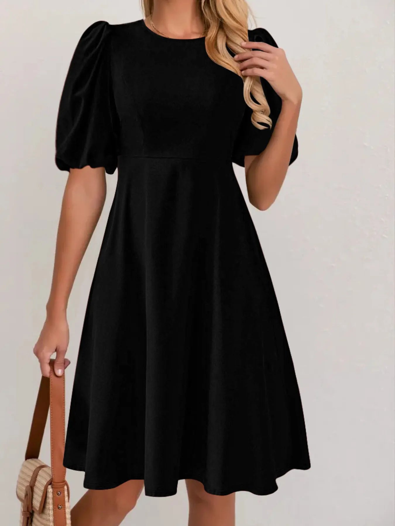 Round Neck Puff Sleeve A-Line Dress - Blushé Belle