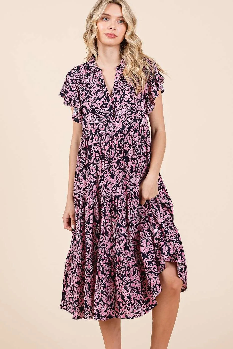 Mittoshop Abstract Print Ruffle Tier Midi Dress - Blushé Belle