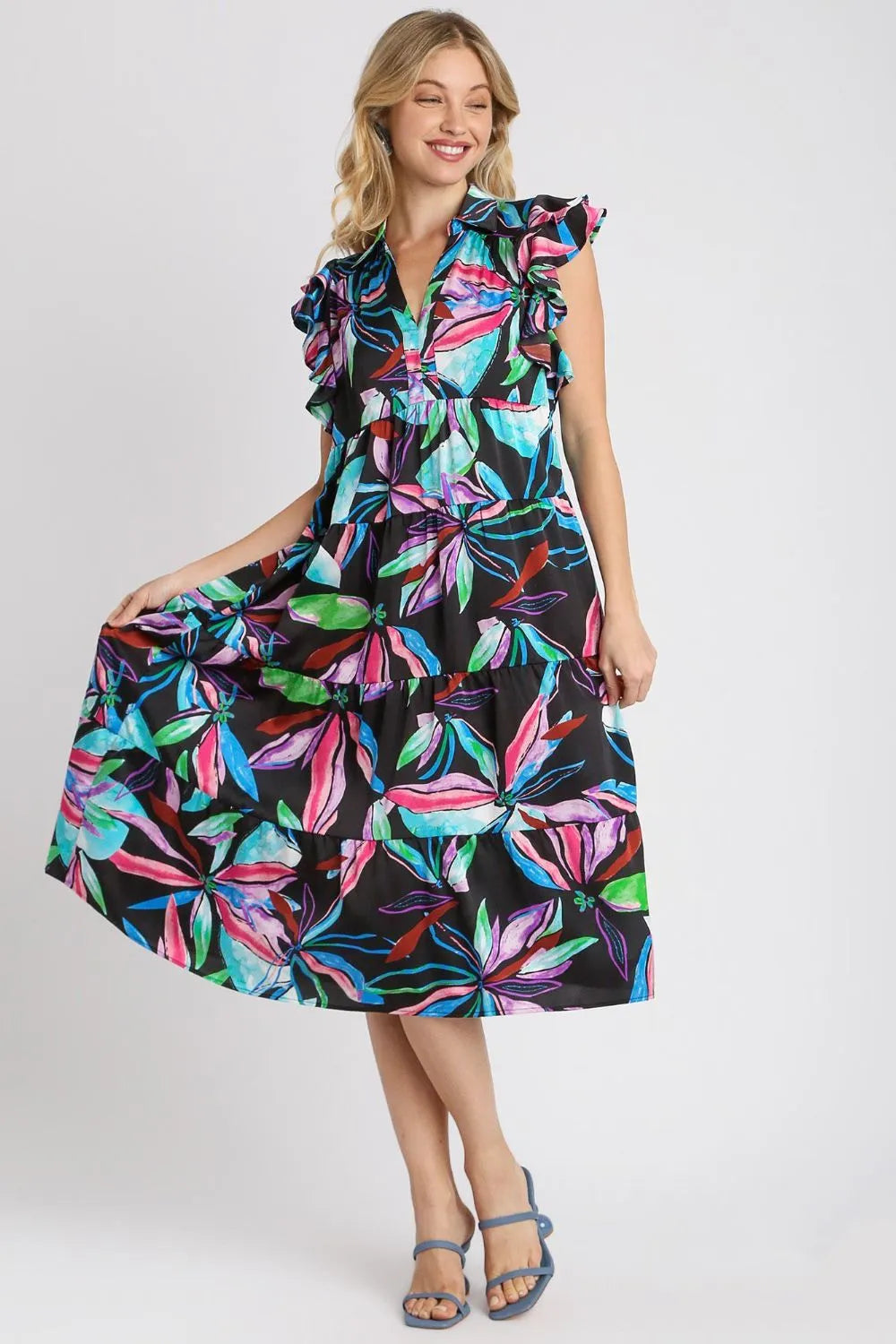 Umgee Full Size Leaf Print Double Layered Ruffle Sleeve Tiered Midi Dress Plus Size - Blushé Belle
