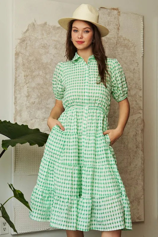 Davi & Dani Checkered Puff Sleeve Tiered Shirt Dress - Blushé Belle