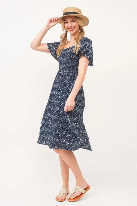 Lime 'N' Chili Smocked Floral Print Flutter Sleeve Midi Dress - Blushé Belle