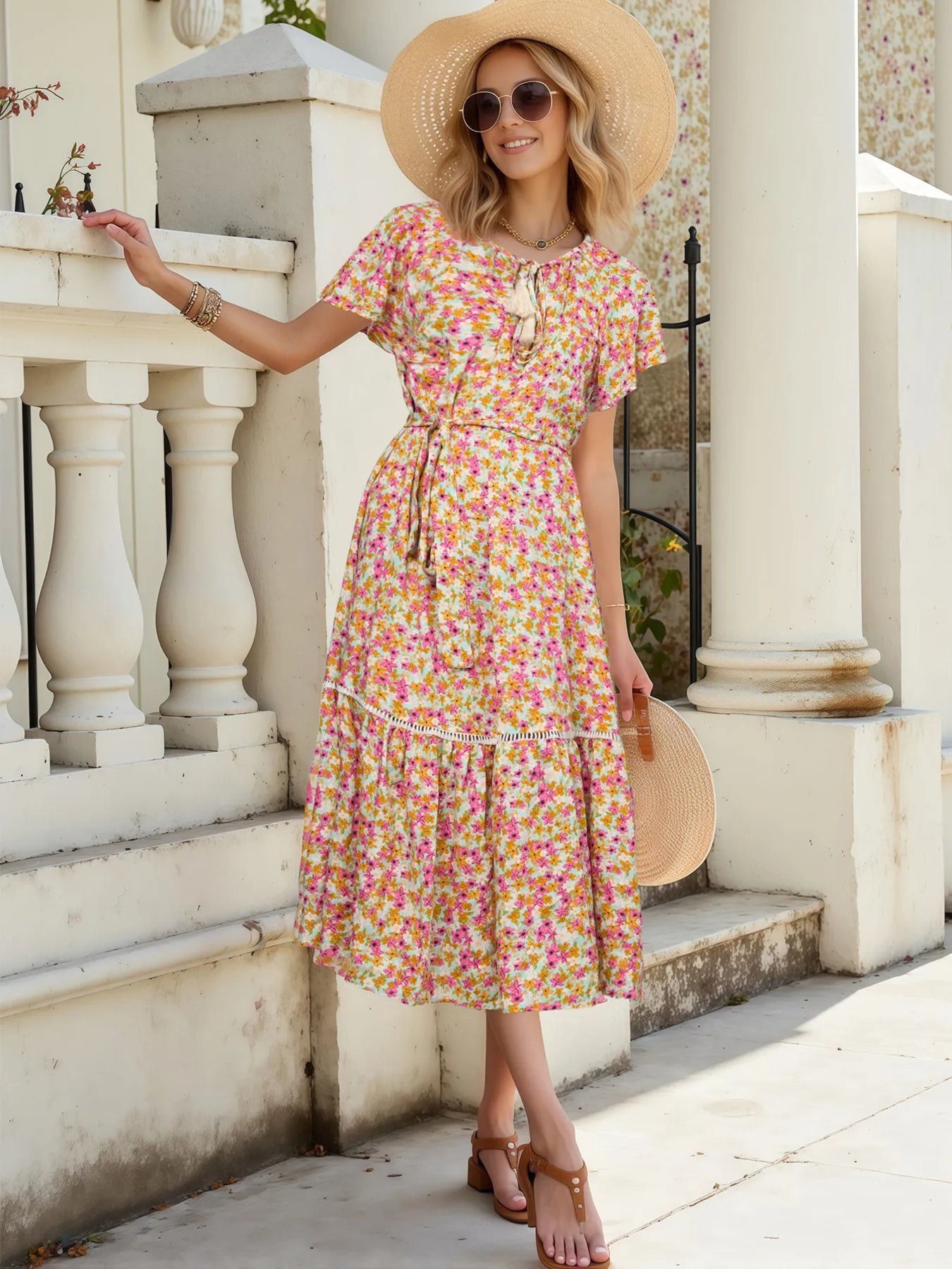 Floral Print Ruffle Hem Midi Dress - Blushé Belle