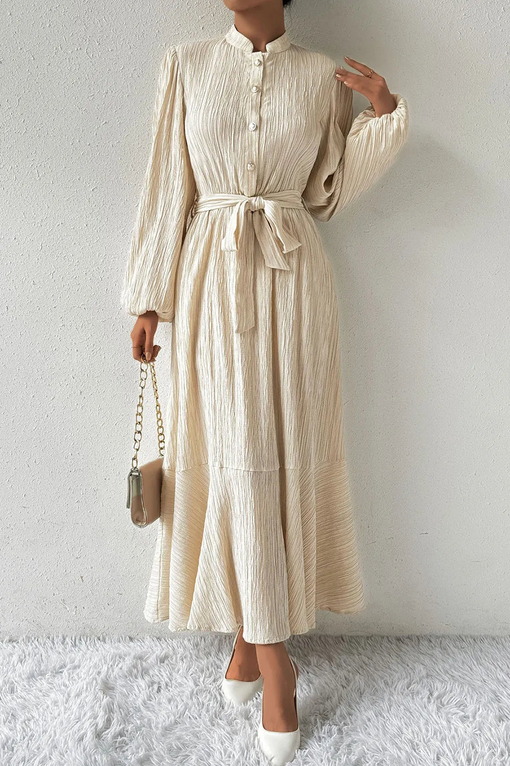 Honey Tied Button Up Balloon Sleeve Dress - Blushé Belle