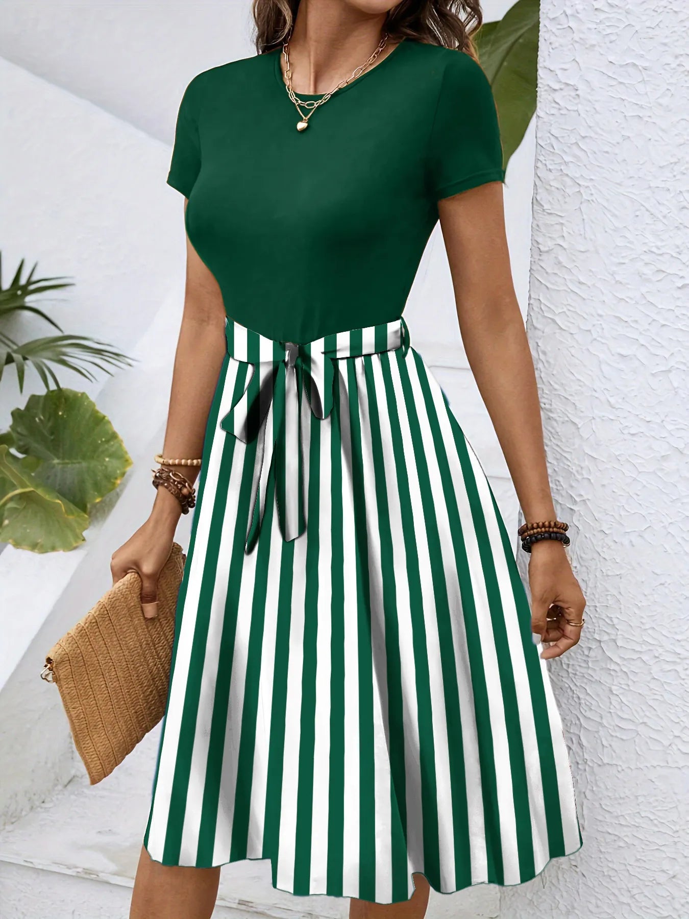 Striped Round Neck Short Sleeve Dress - Blushé Belle