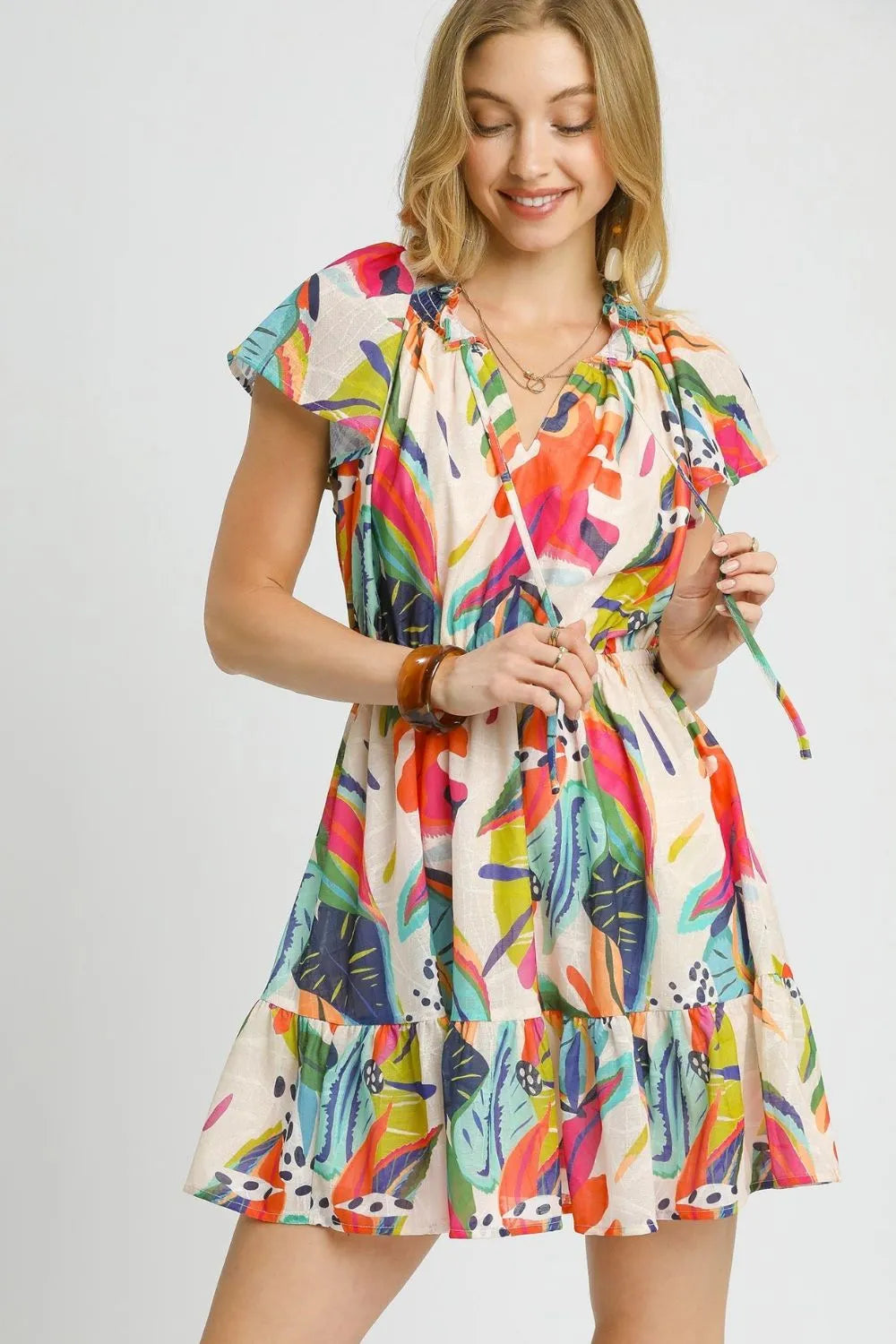 Umgee Printed Tie Neck Ruffled Hem Dress - Blushé Belle