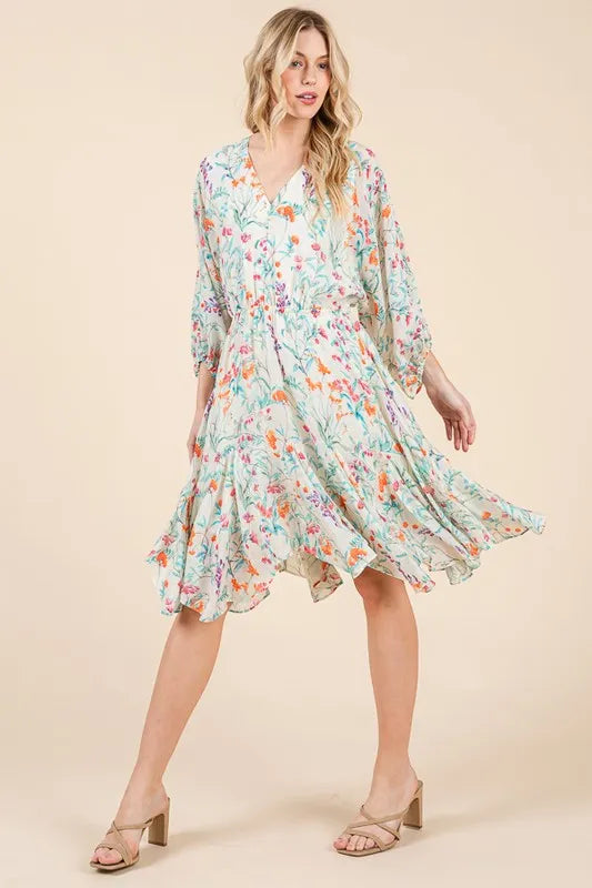 Lime 'N' Chili Floral Cinched Waist Balloon Sleeve V-Neck Dress - Blushé Belle
