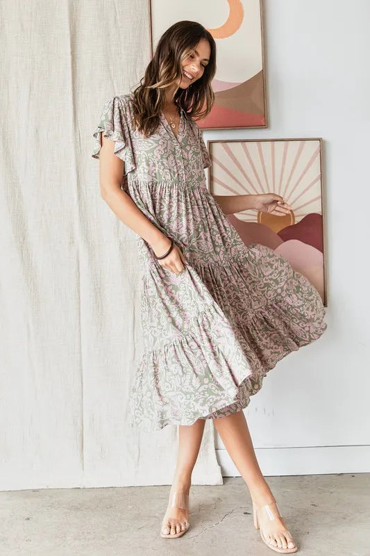 Mittoshop Abstract Print Ruffle Tier Midi Dress - Blushé Belle
