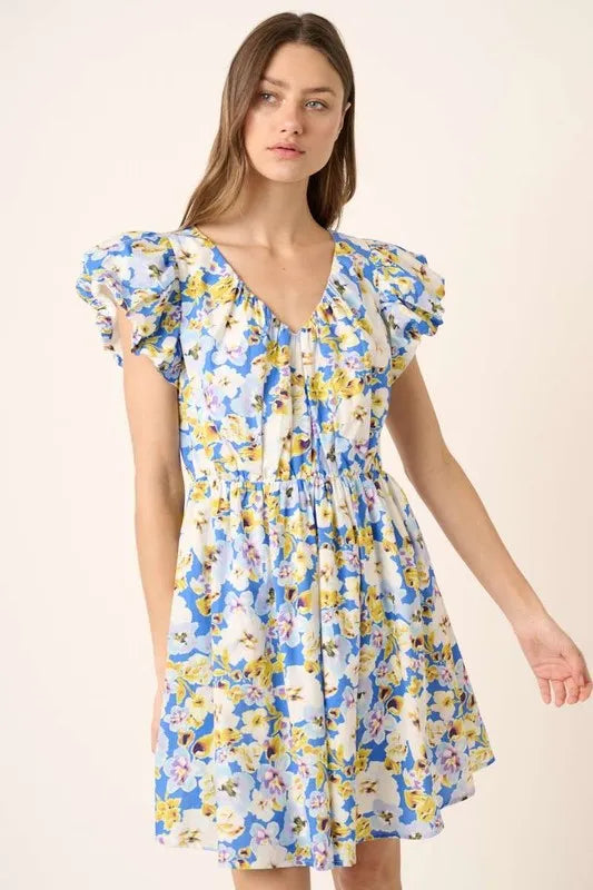 Mittoshop Floral V-Neck Cap Sleeve Mini Dress - Blushé Belle