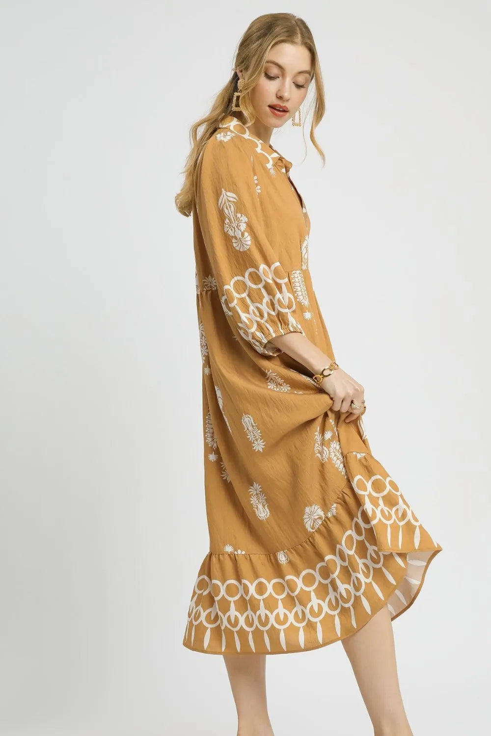 Umgee Ruffled Hem Printed Johnny Collar Midi Dress - Blushé Belle