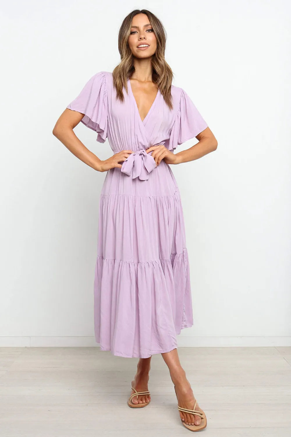 Tied Back Tiered Short Sleeve Midi Dress - Blushé Belle