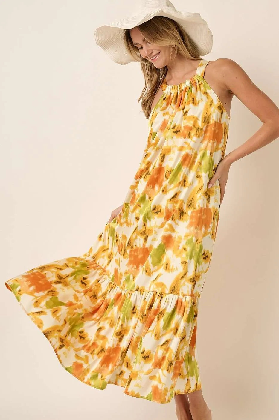Mittoshop Watercolor Print Halter Neck Satin Maxi Dress - Blushé Belle