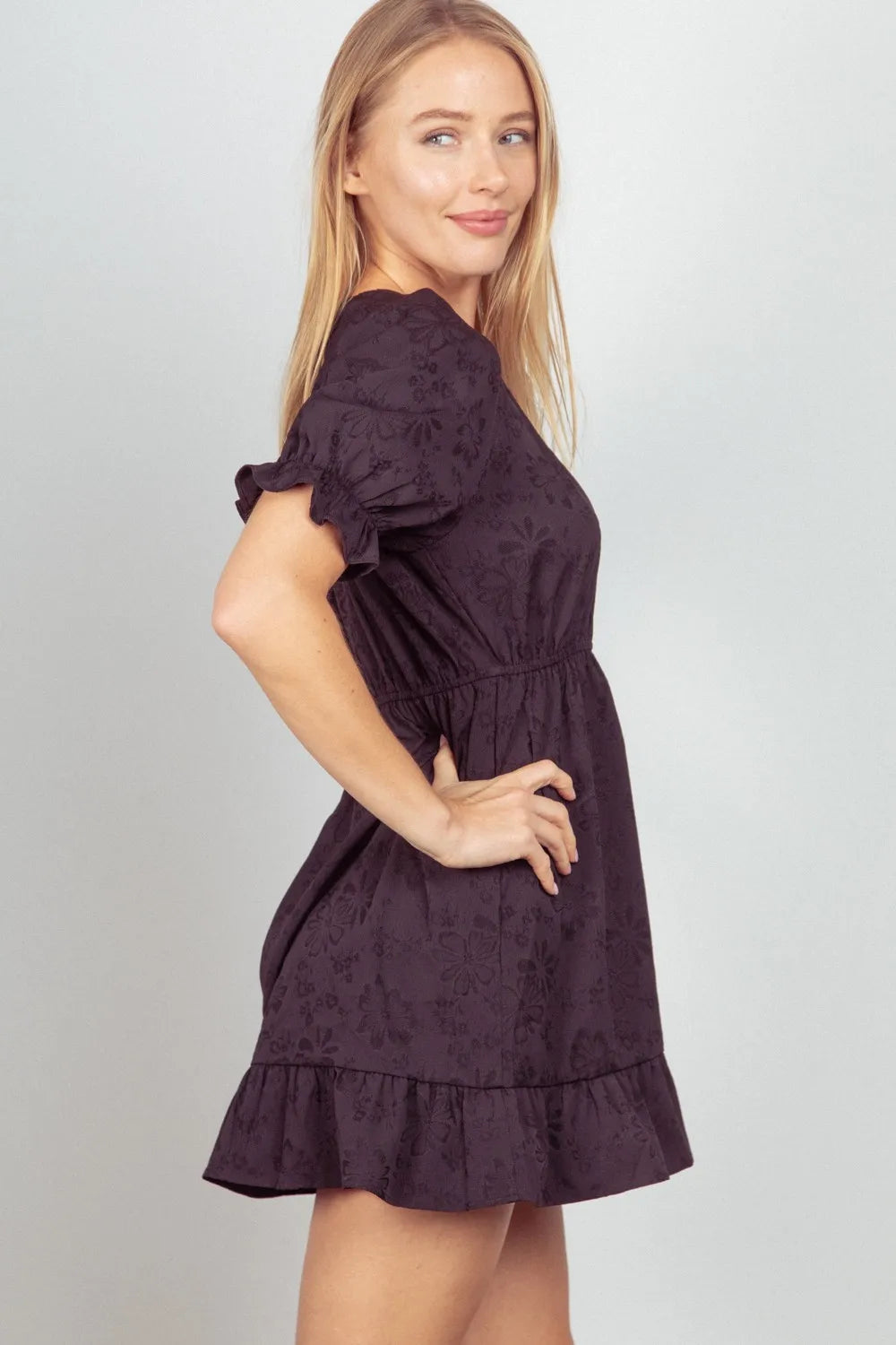 VERY J Floral Textured Woven Ruffled Mini Dress - Blushé Belle