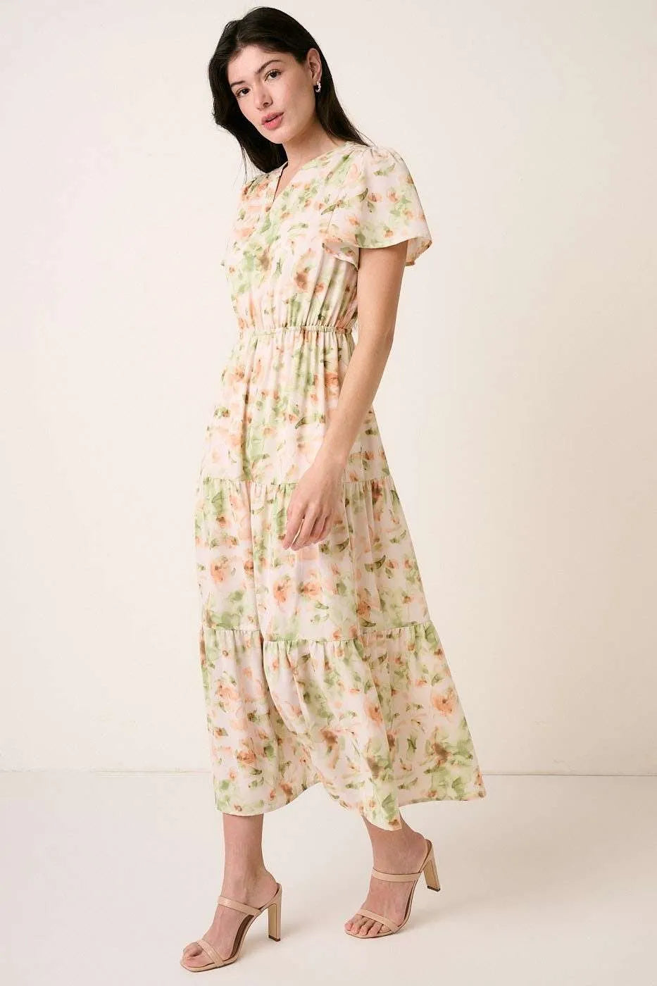 Mittoshop Flower Print Flutter Sleeve V Slit Maxi Dress - Blushé Belle
