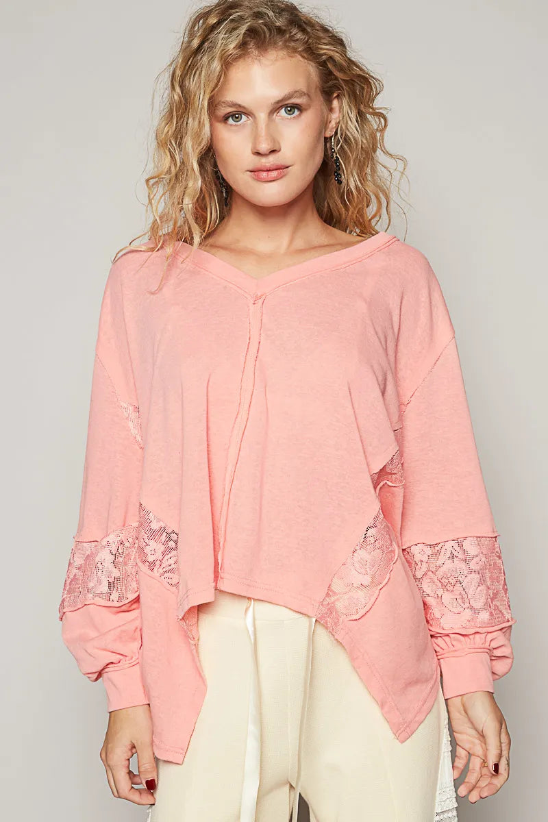 POL V-Neck Long Sleeve T-Shirt with Lace Detail - Blushé Belle