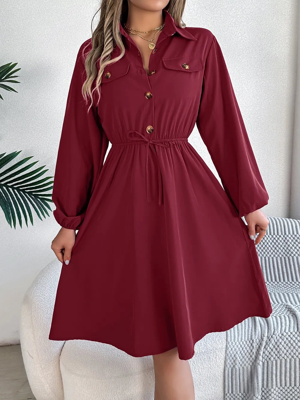 Collared Neck Long Sleeve Dress with Pockets - Blushé Belle