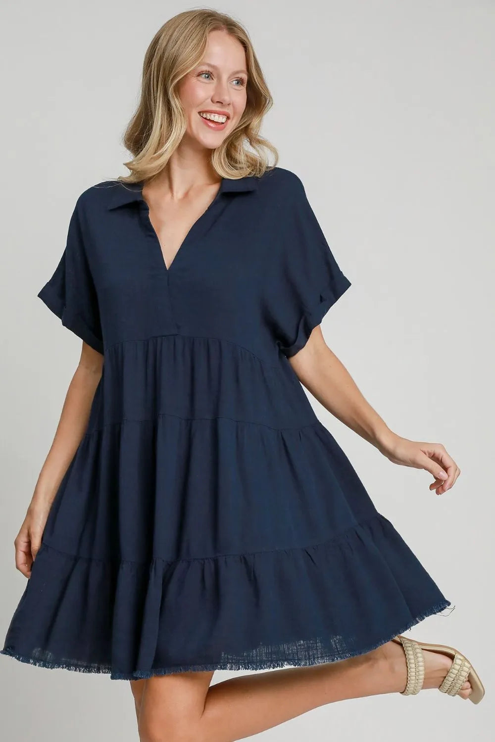 Umgee Full Size Raw Hem Folded Sleeve Tiered Dress Plus Size - Blushé Belle
