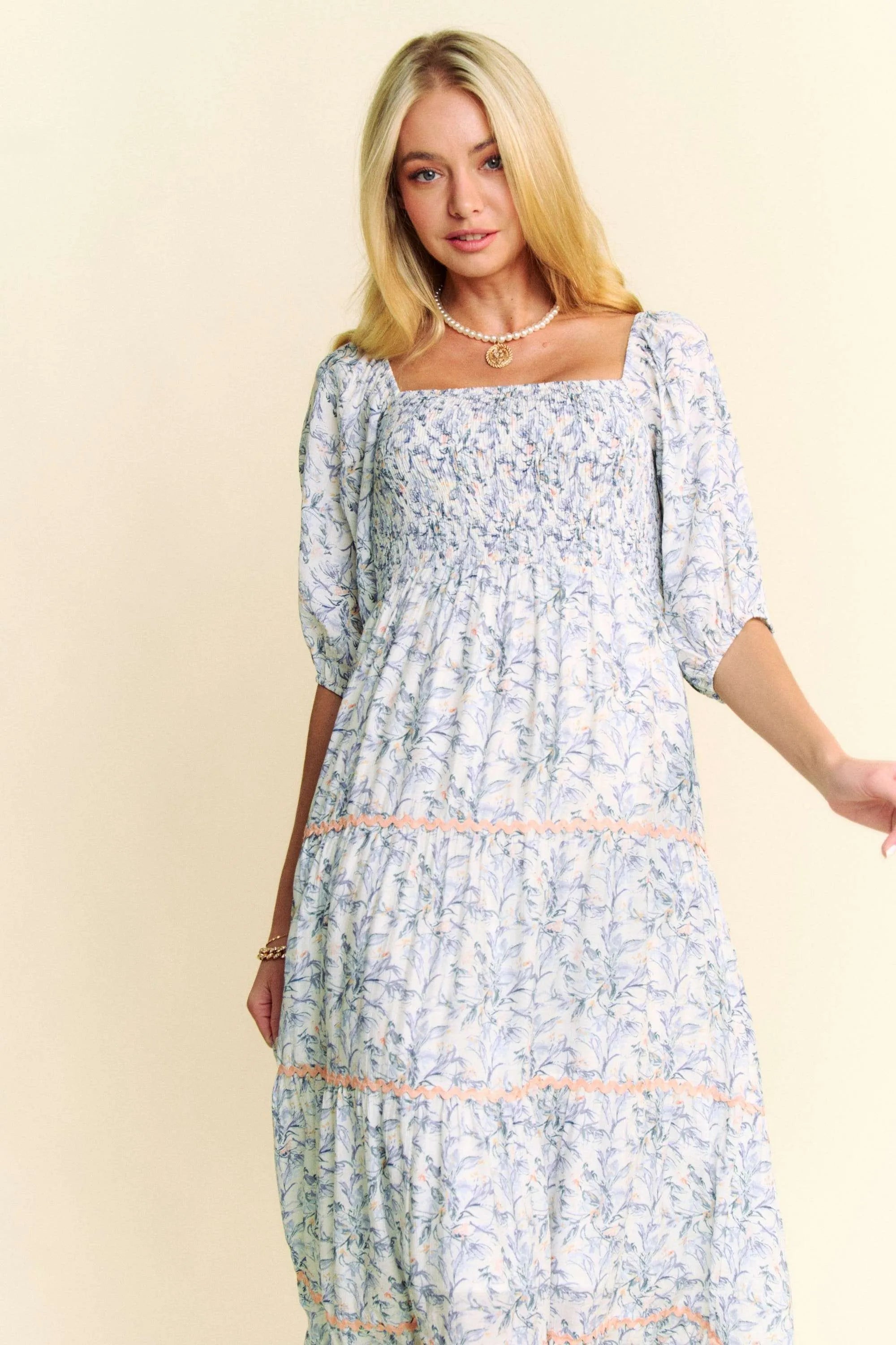 Davi & Dani Contrast Ric Smocking Bodice Tiered Midi Dress - Blushé Belle