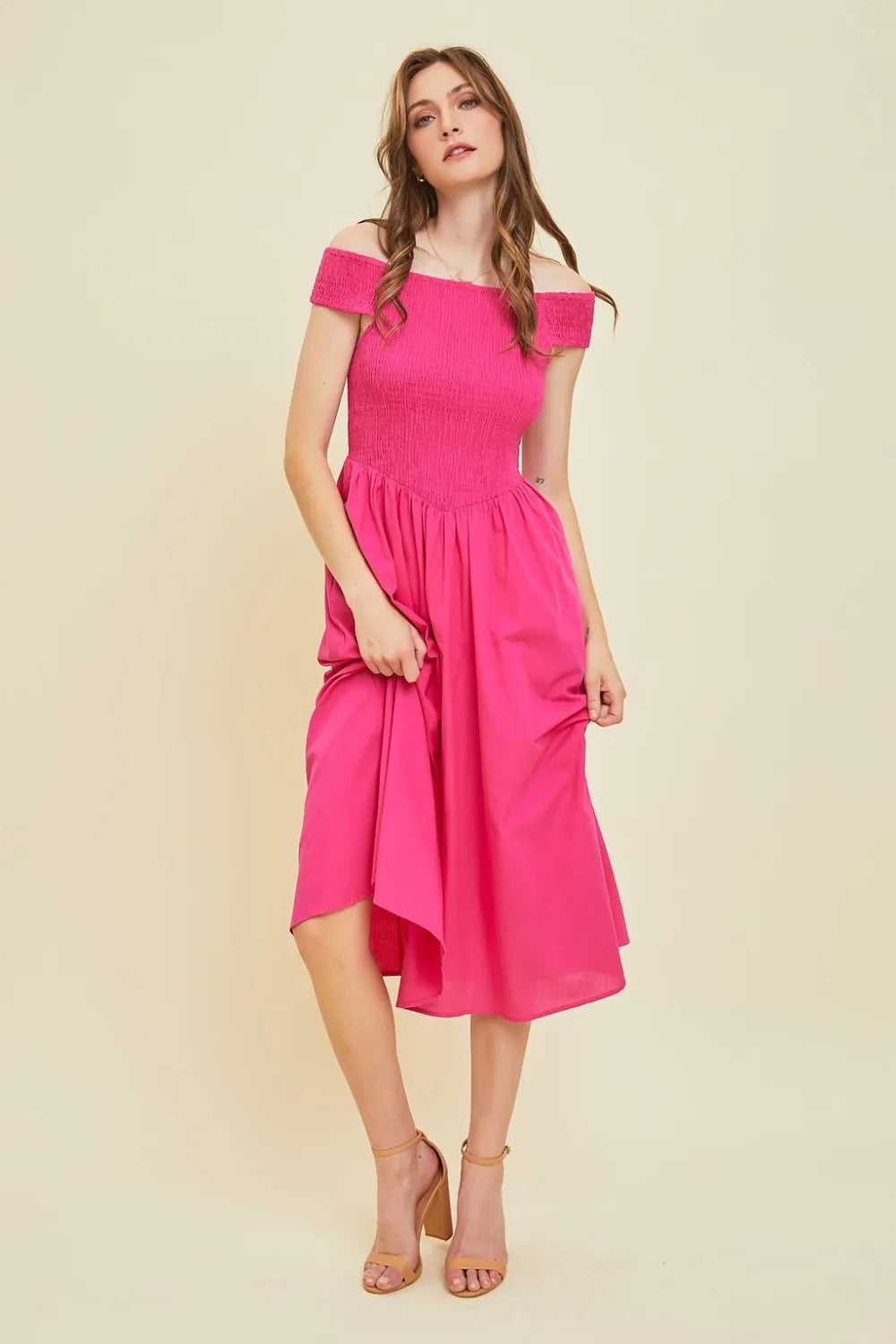 HEYSON Off-Shoulder Smocked Midi Dress - Blushé Belle
