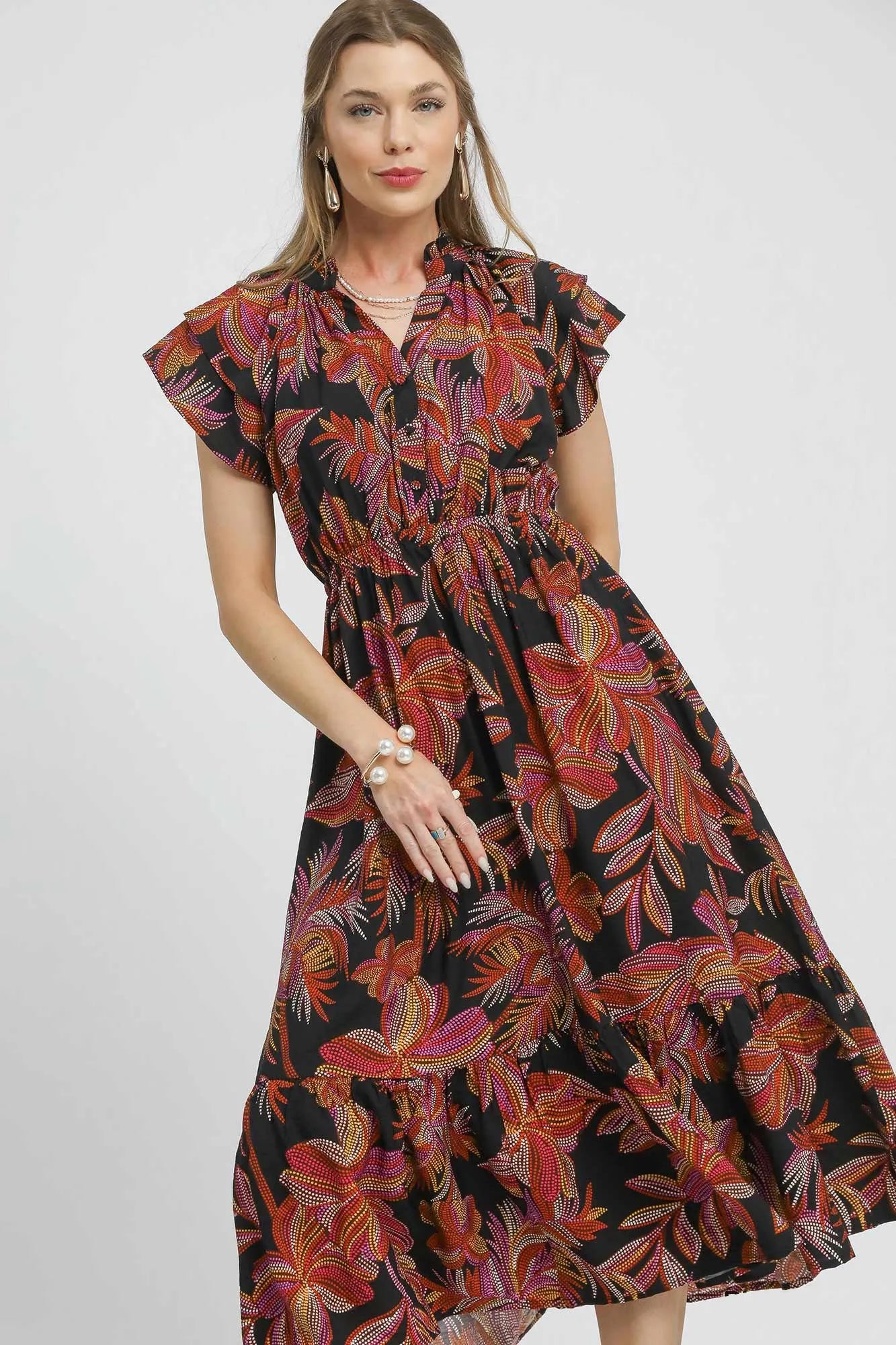 Umgee Mix Ruffle Sleeve Tropical Midi Dress - Blushé Belle