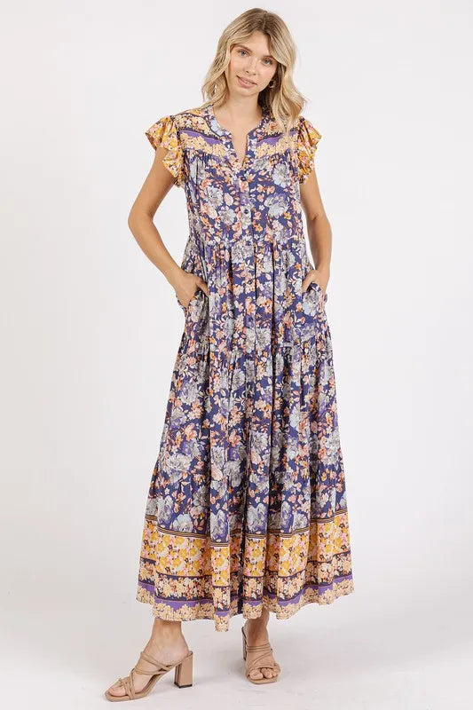 Mittoshop Floral Ruffled Notched Cap Sleeve Maxi Dress - Blushé Belle