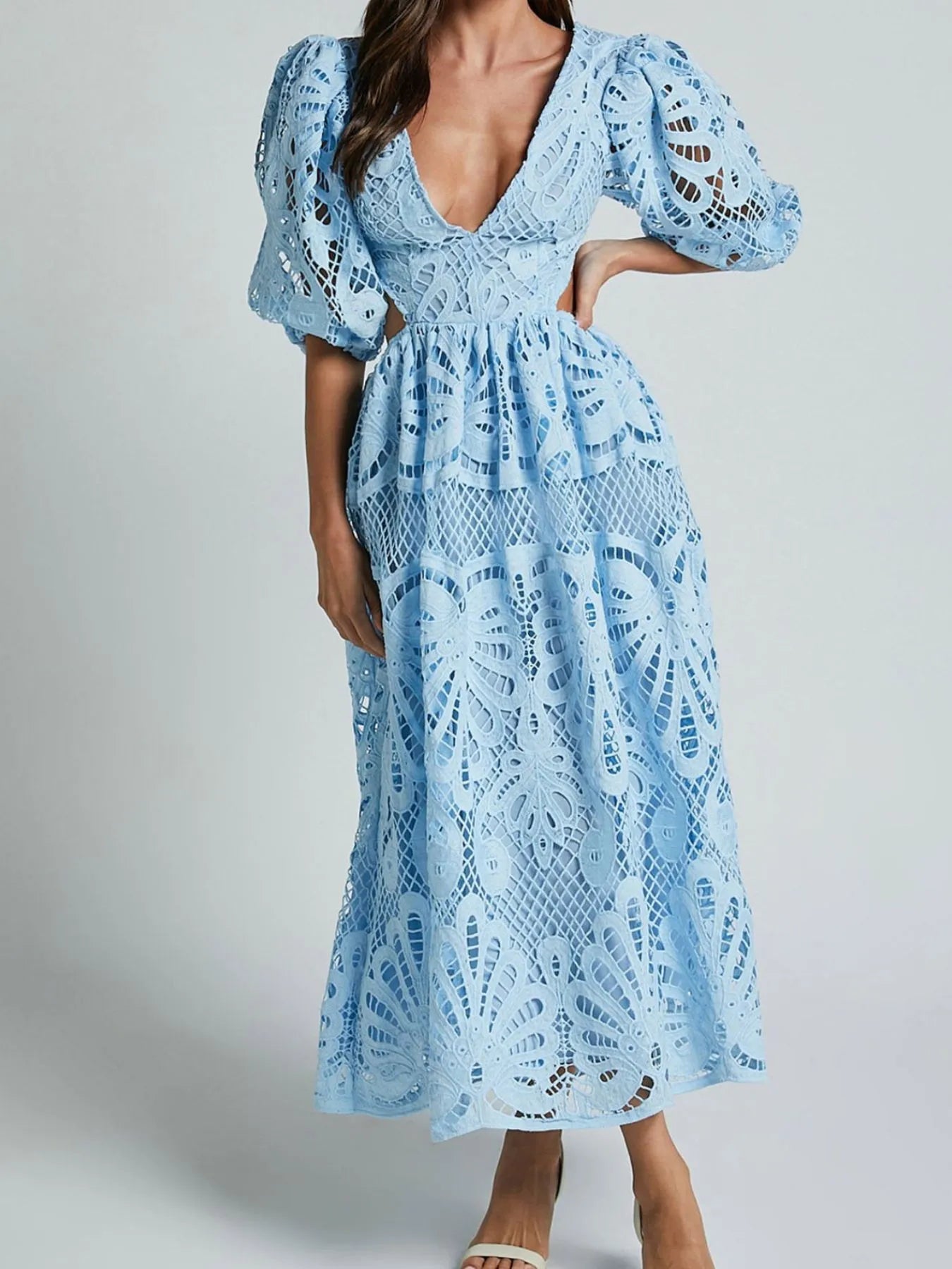 Cutout Back Lace Crochet V-Neck Dress - Blushé Belle