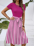 Striped Round Neck Short Sleeve Dress - Blushé Belle