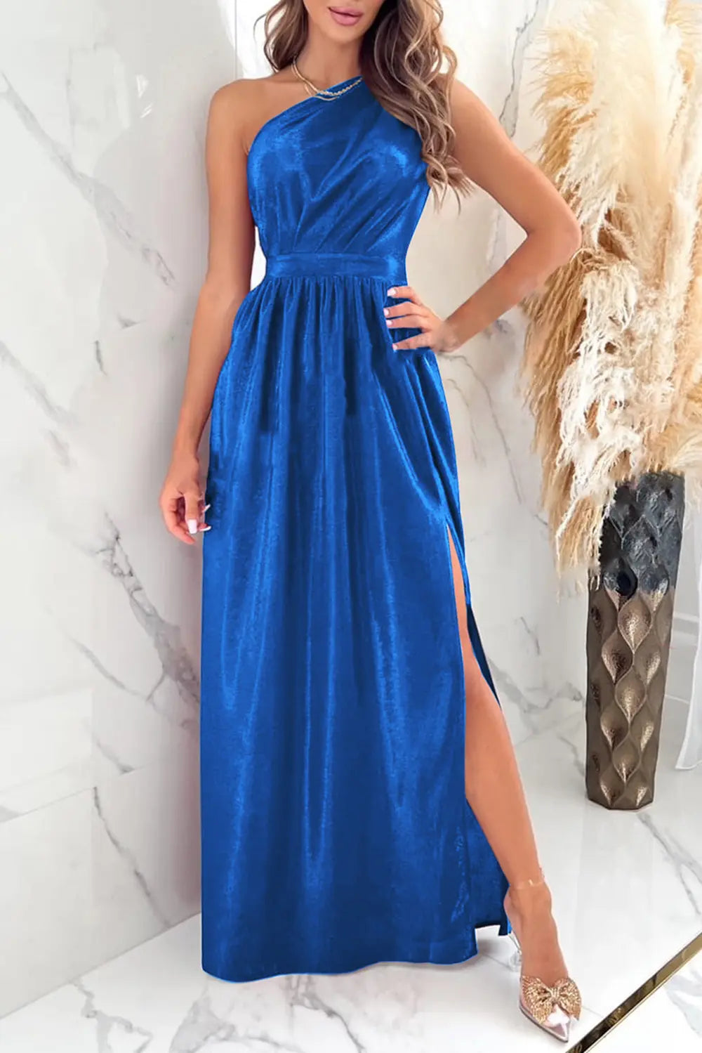 One Shoulder Slit Ruched Maxi Dress - Blushé Belle