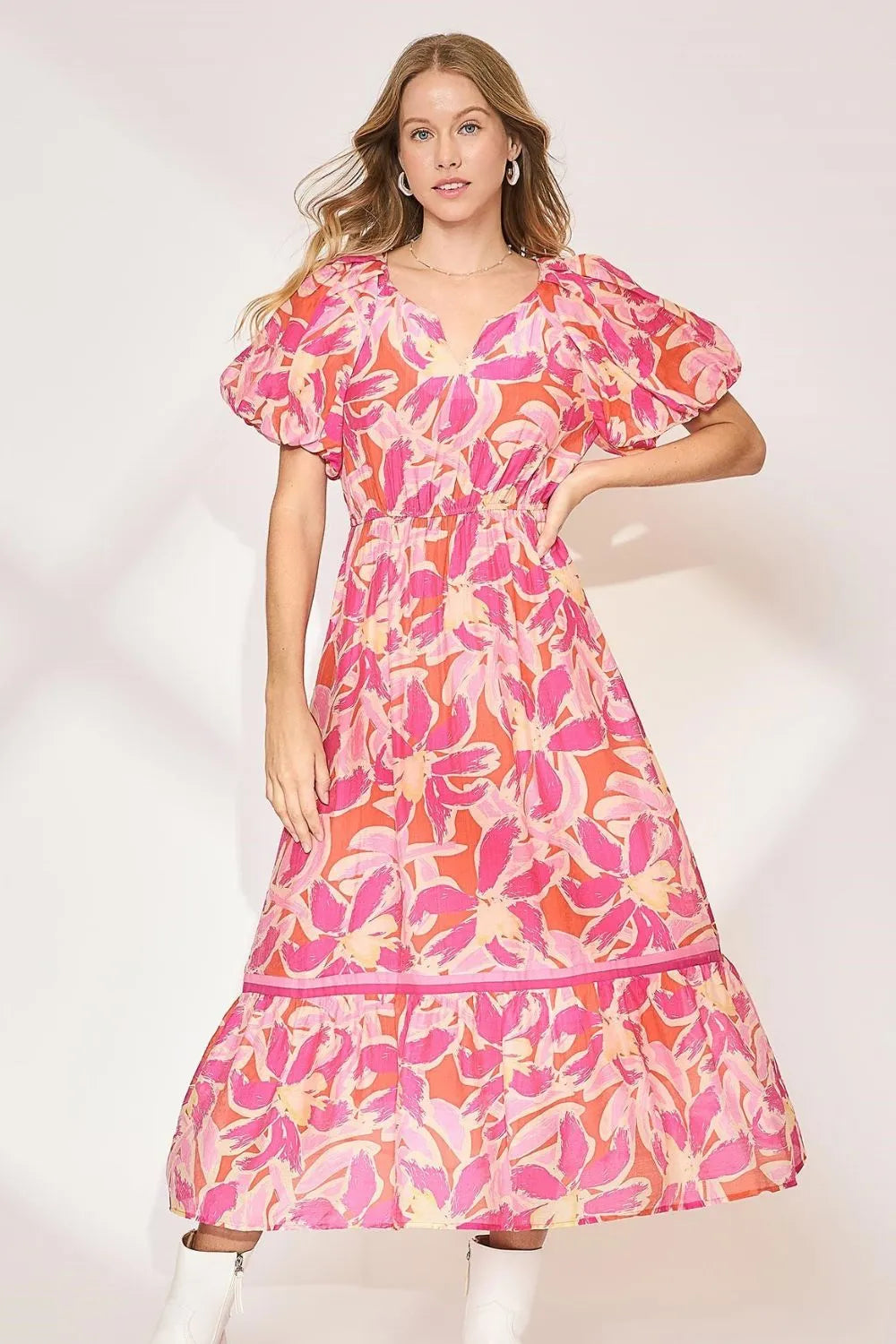 Umgee Floral Notched Puff Sleeve Midi Dress - Blushé Belle
