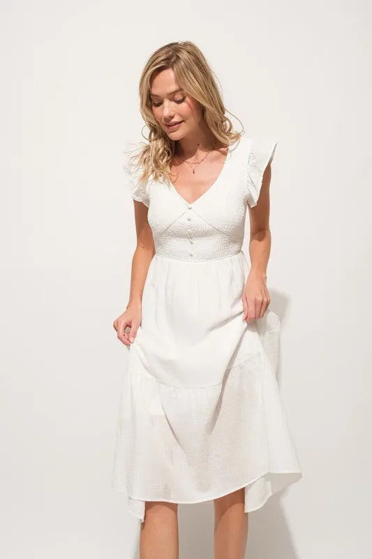 And The Why Ruffle Sleeve Front Smocked Tiered Midi Dress - Blushé Belle
