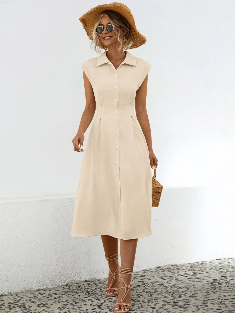 Button Up Cap Sleeve Midi Dress - Blushé Belle